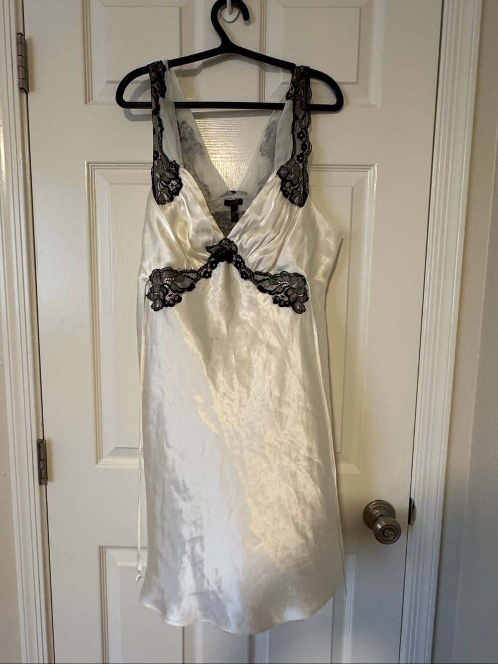NWT Soma Magnolia Ivory Satin Black Lace Nightgown Chemise XL $69
